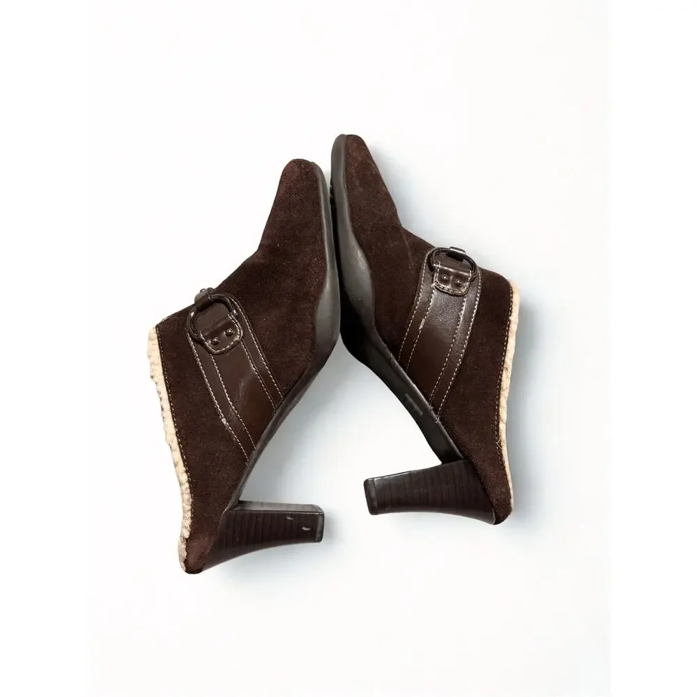 Aerosoles Chocolate Brown Buckle Detail Suede Mules with Shearling Lining Sz 7.5